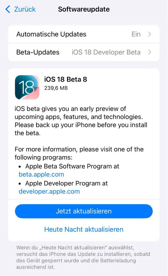 勉县苹果手机维修分享苹果 iOS / iPadOS 18 开发者预览版 Beta 8 发布 